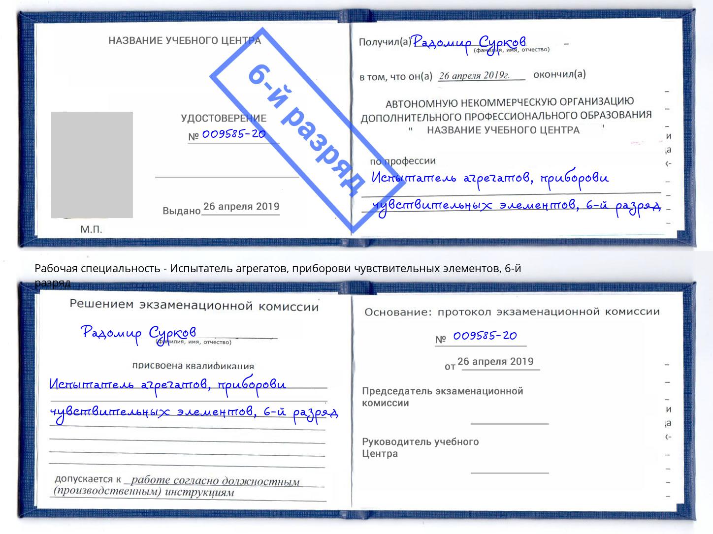 корочка 6-й разряд Испытатель агрегатов, приборови чувствительных элементов Сочи