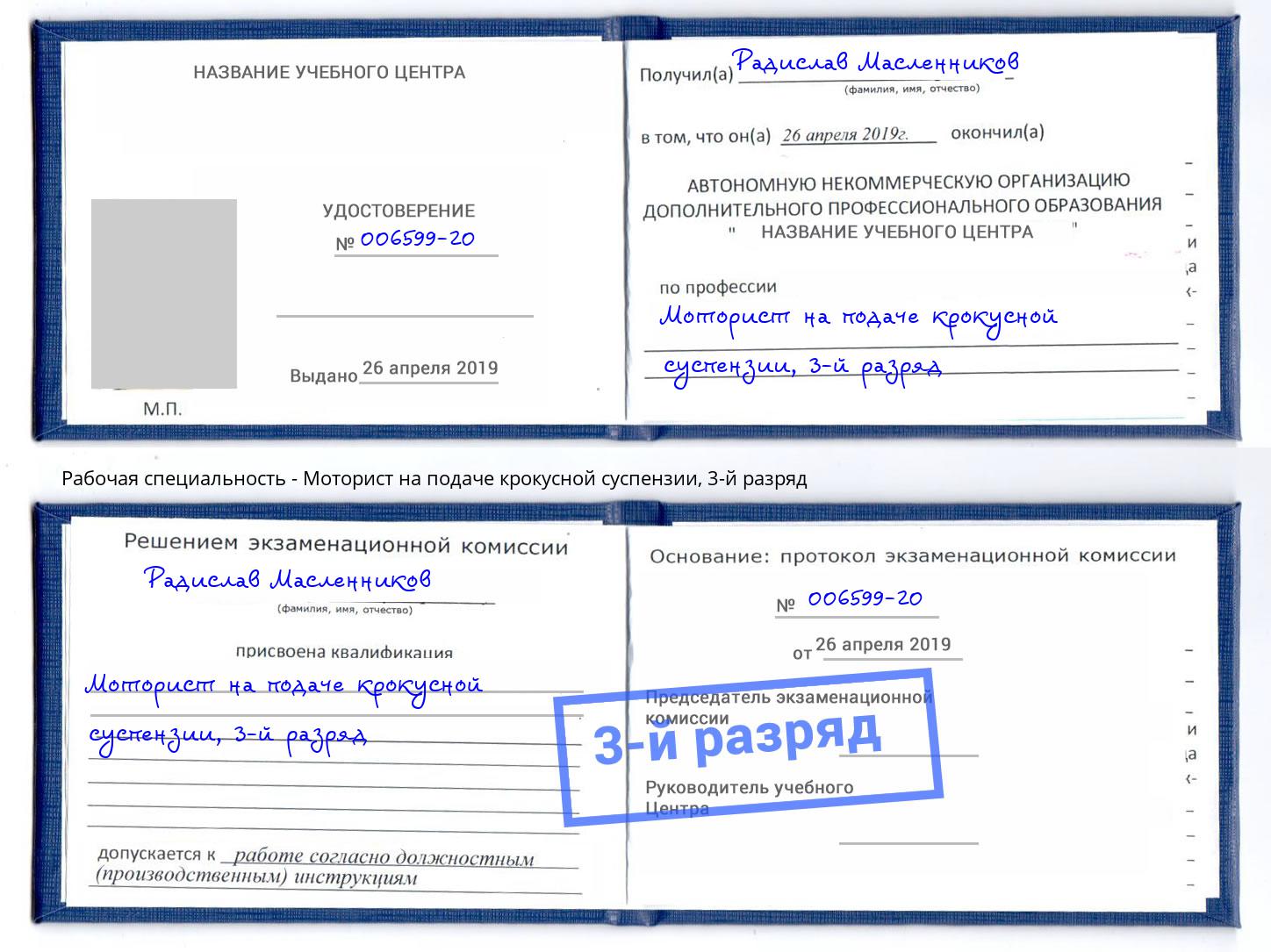 корочка 3-й разряд Моторист на подаче крокусной суспензии Сочи