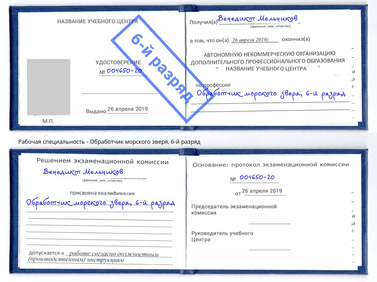 корочка 6-й разряд Обработчик морского зверя Сочи