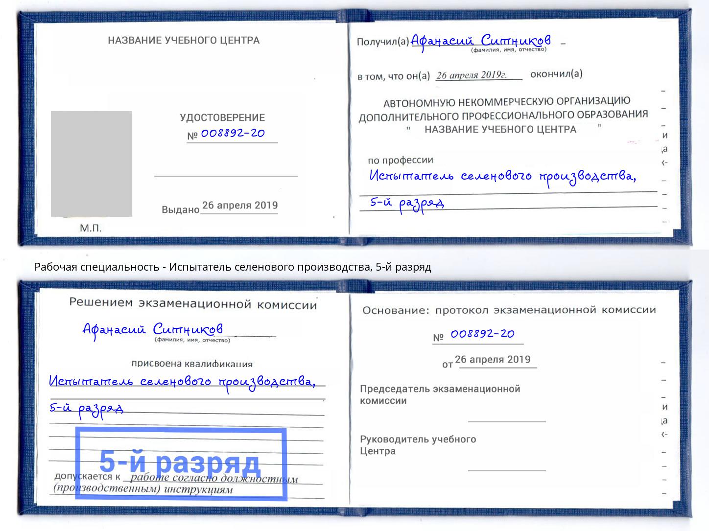 корочка 5-й разряд Испытатель селенового производства Сочи