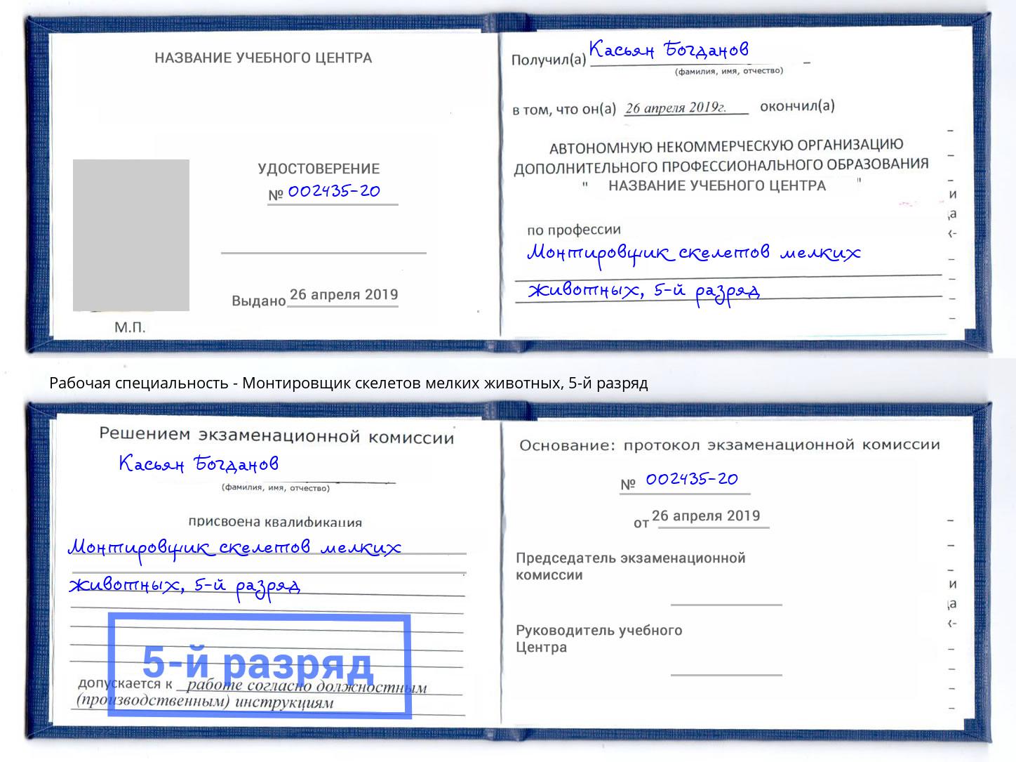 корочка 5-й разряд Монтировщик скелетов мелких животных Сочи