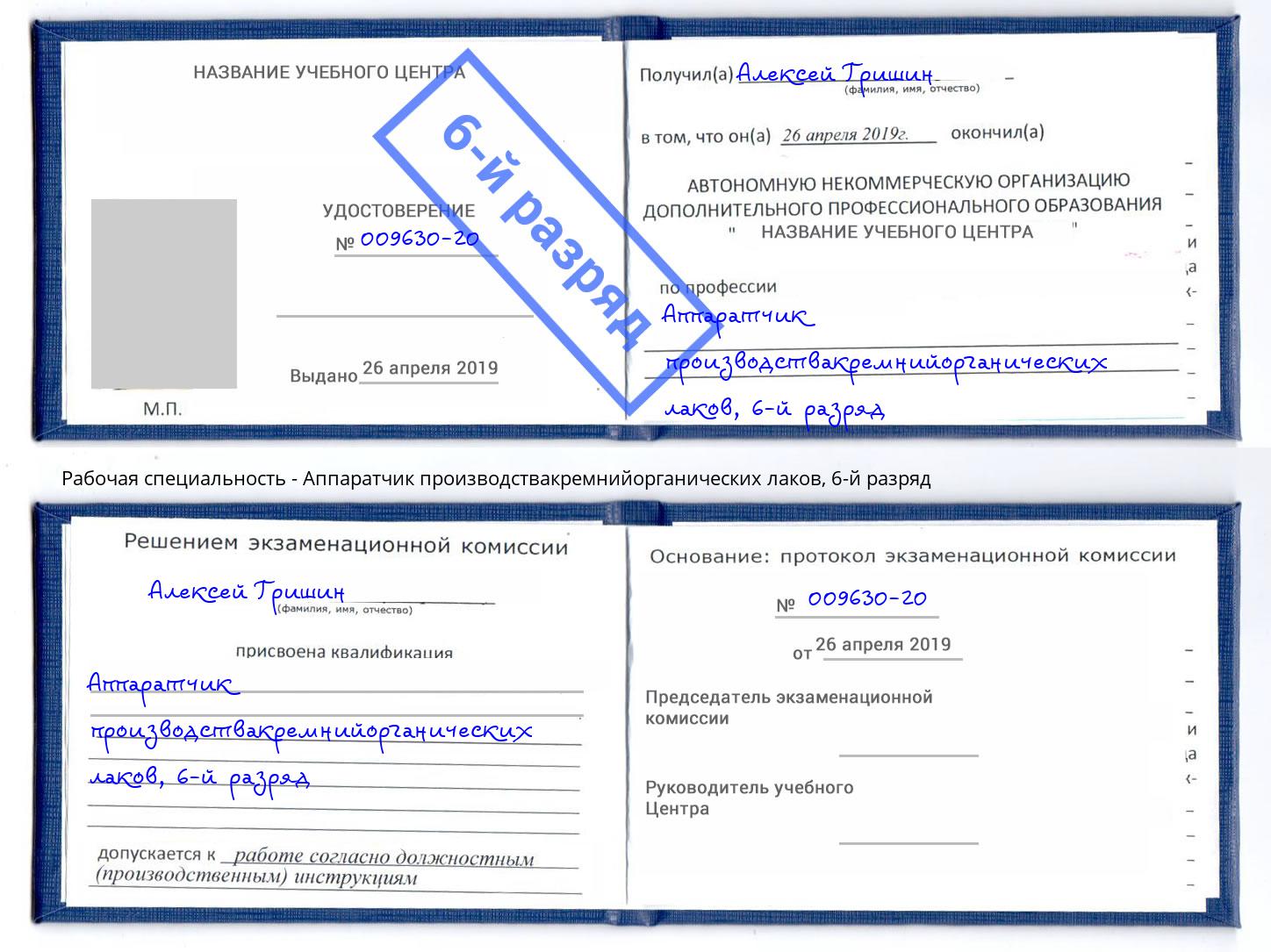 корочка 6-й разряд Аппаратчик производствакремнийорганических лаков Сочи