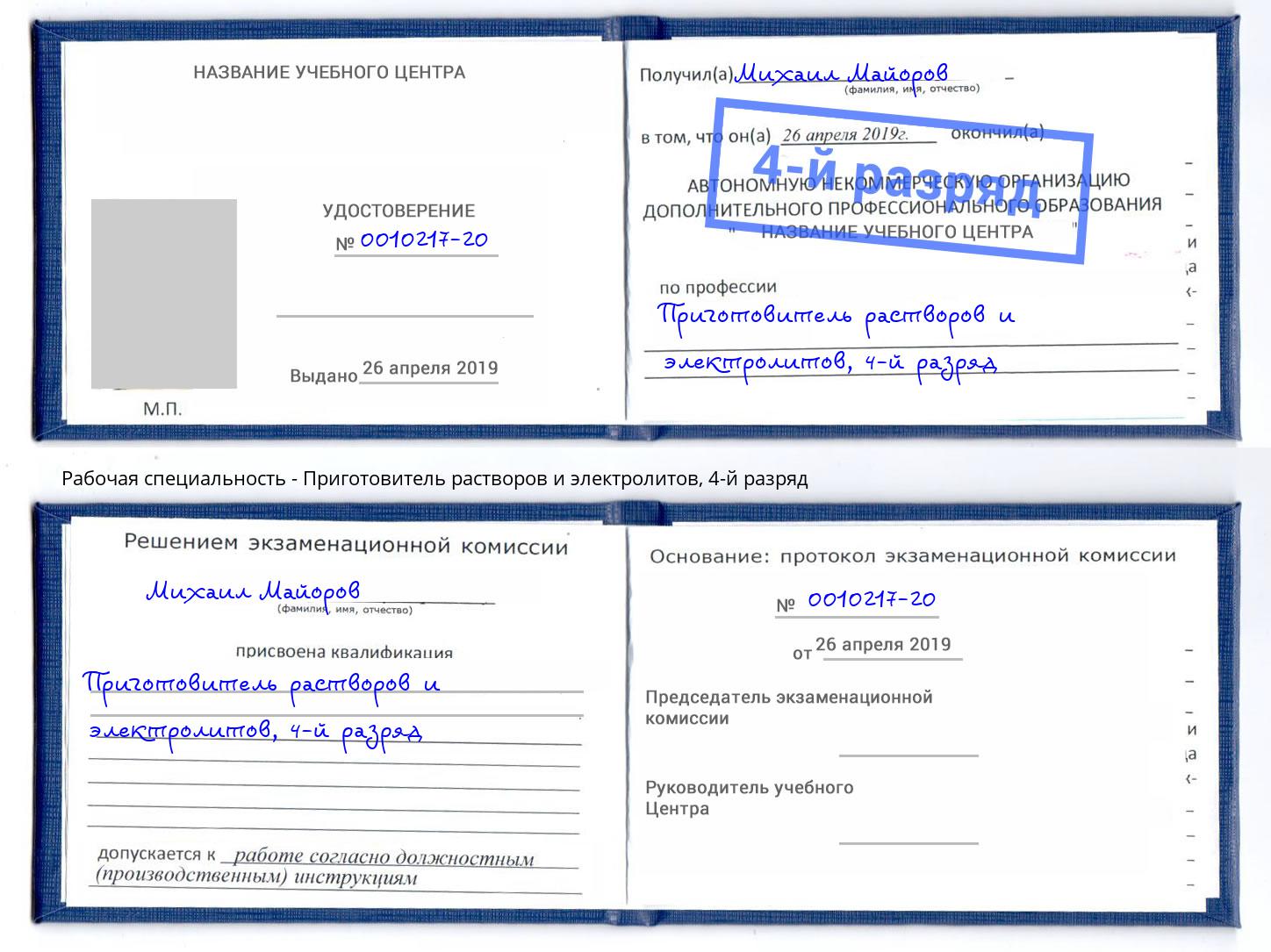 корочка 4-й разряд Приготовитель растворов и электролитов Сочи