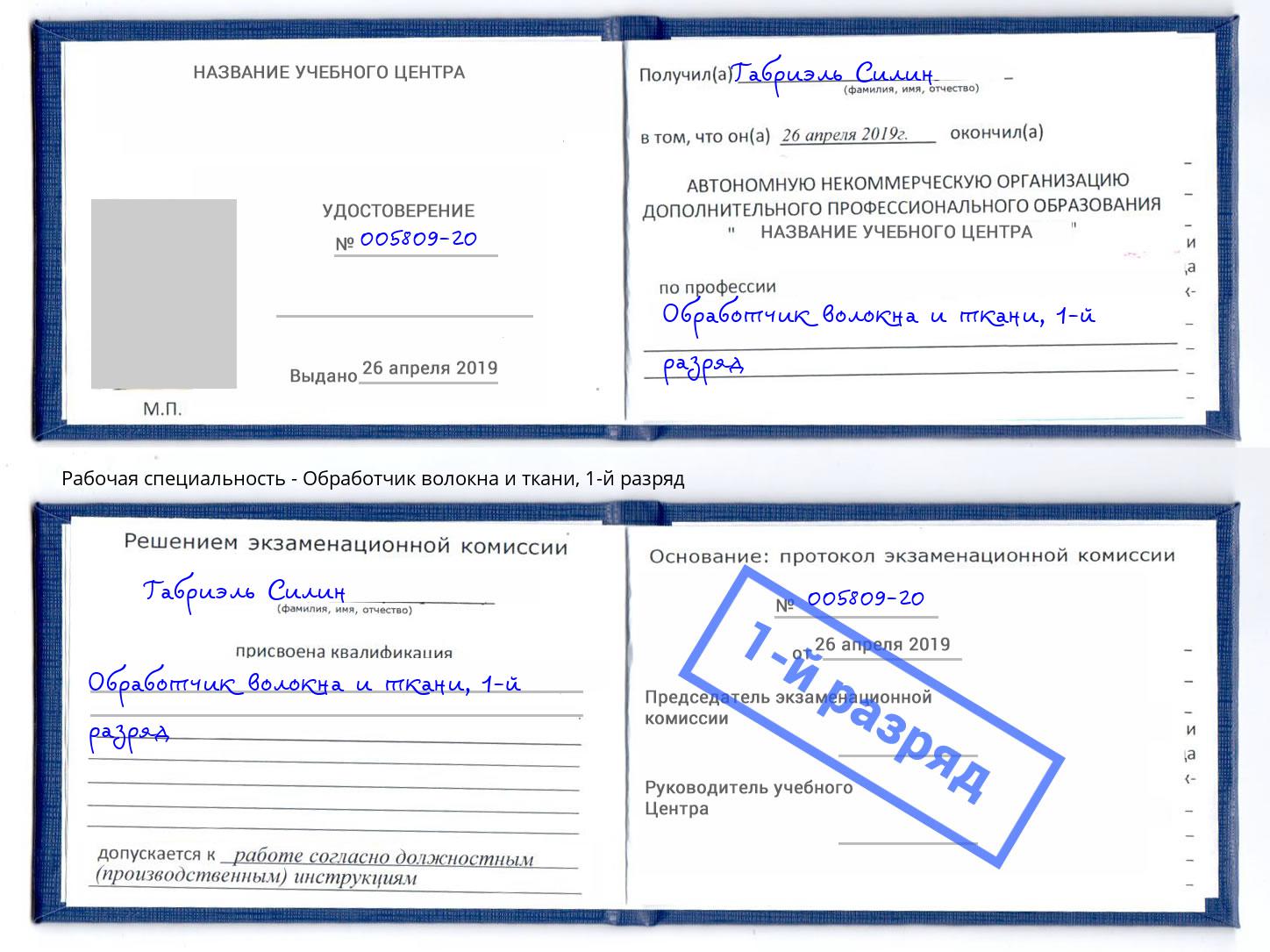 корочка 1-й разряд Обработчик волокна и ткани Сочи